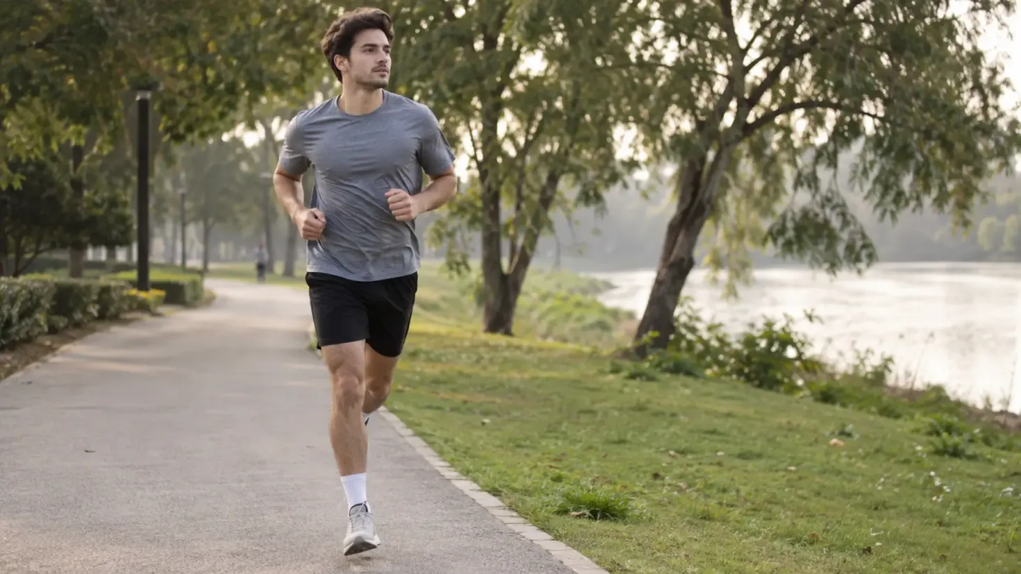 Young man jogging outdoors on a scenic park path by a river.