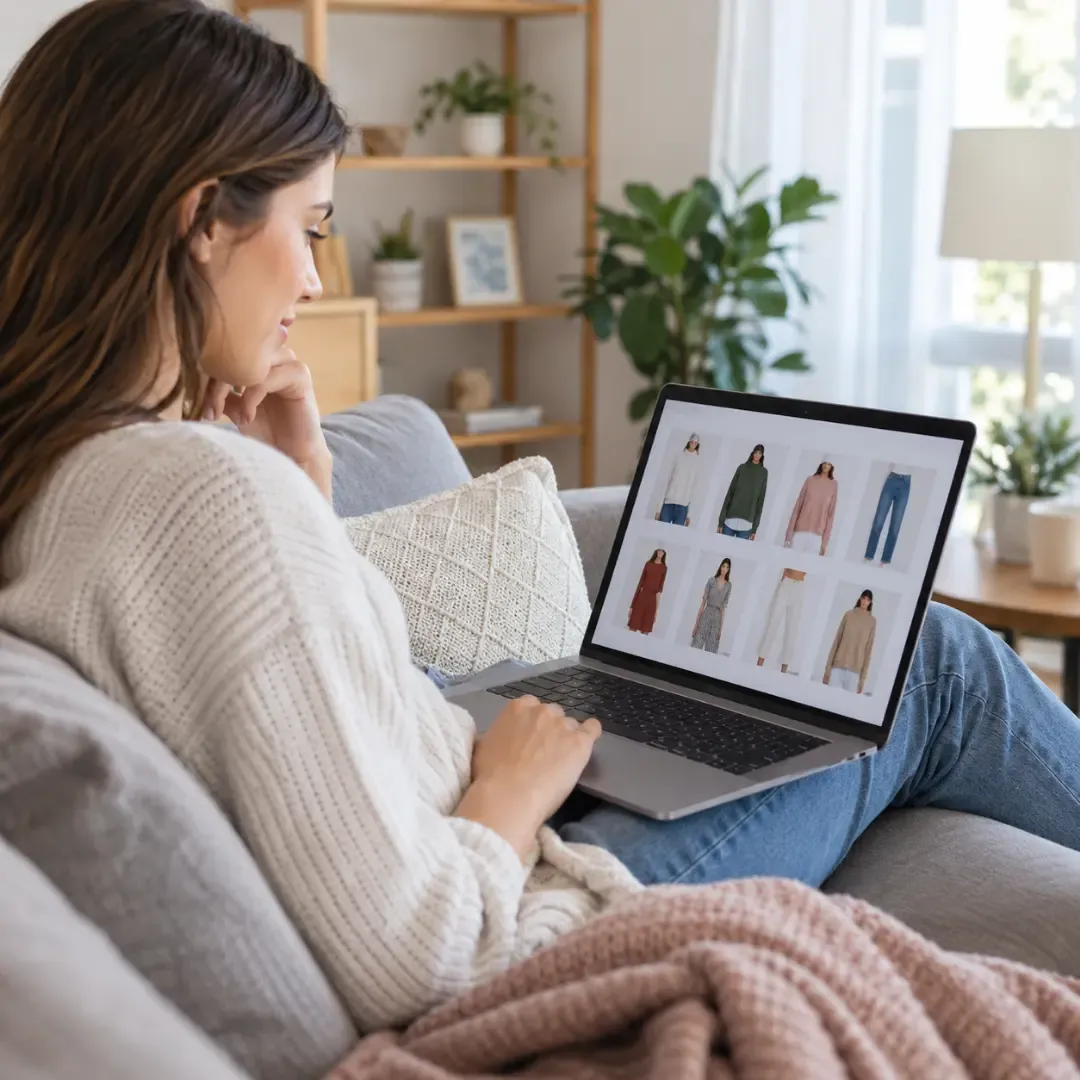 Young woman shopping for clothes online on a laptop at home.
