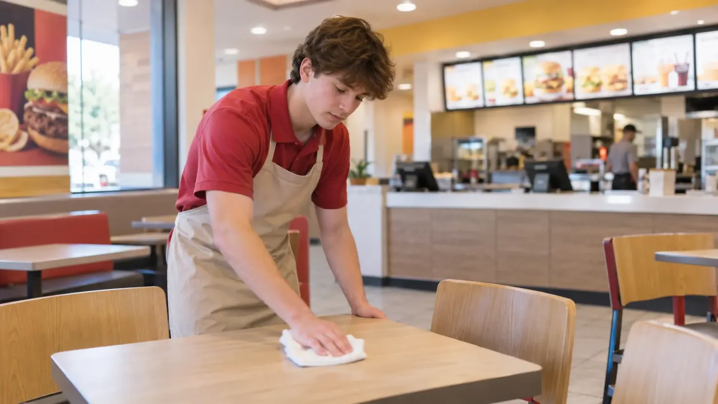 Young fast-food restaurant employee wiping a table during his shift.