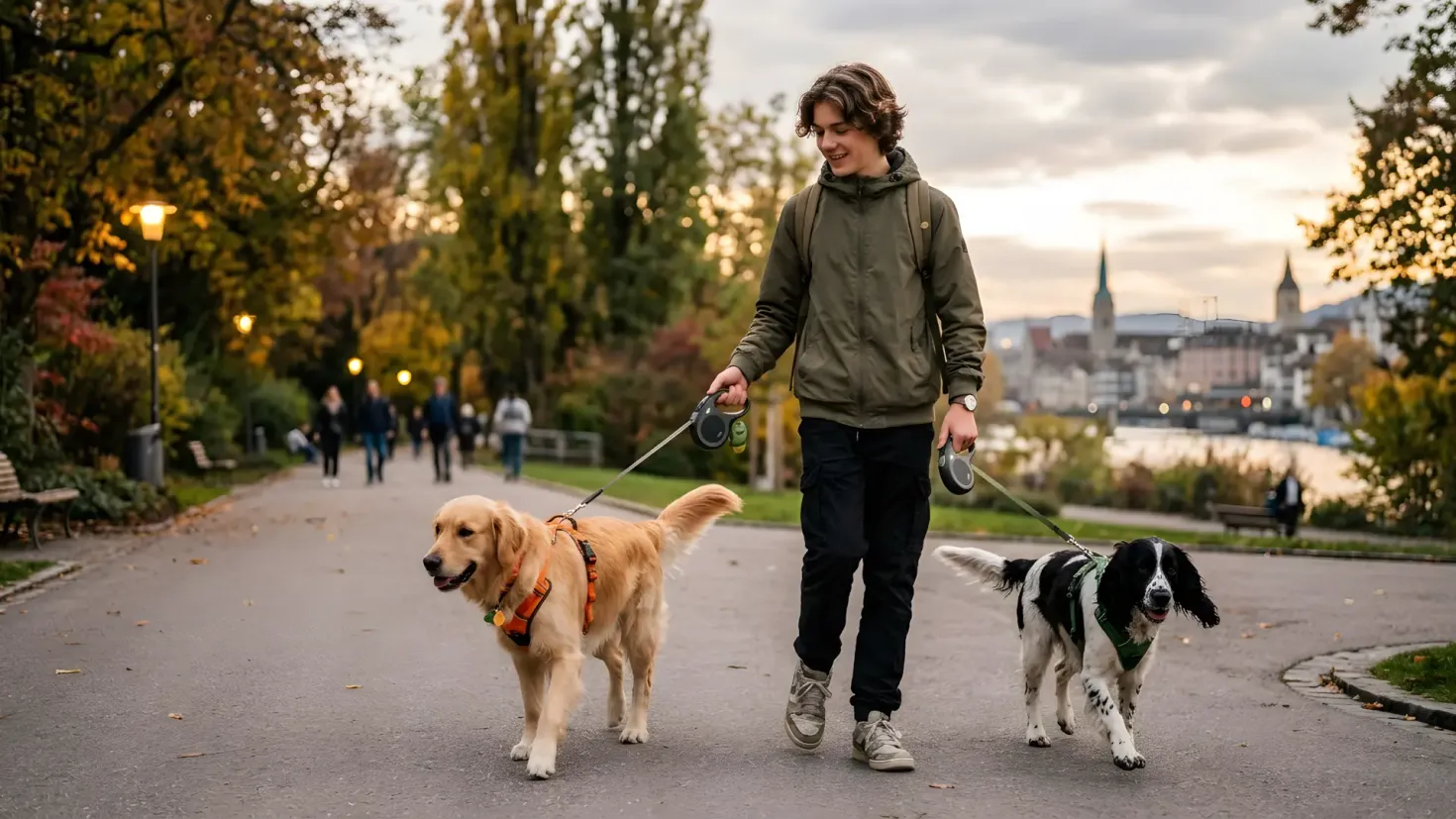 Teenager working as a dog walker leading a Golden Retriever and a Springer Spaniel on a park path.