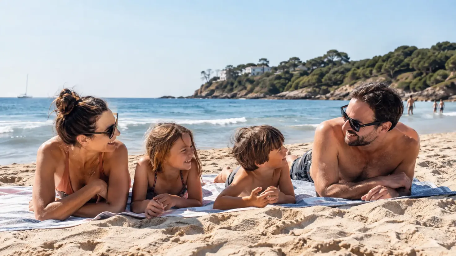 Family relaxing and sunbathing together on a sandy beach by the sea.