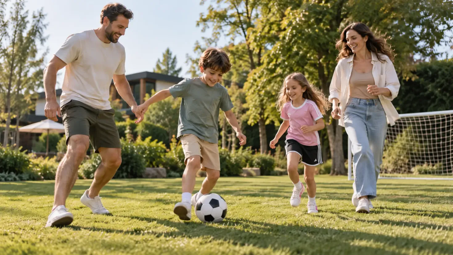 Family playing soccer together outdoors on a sunny lawn.