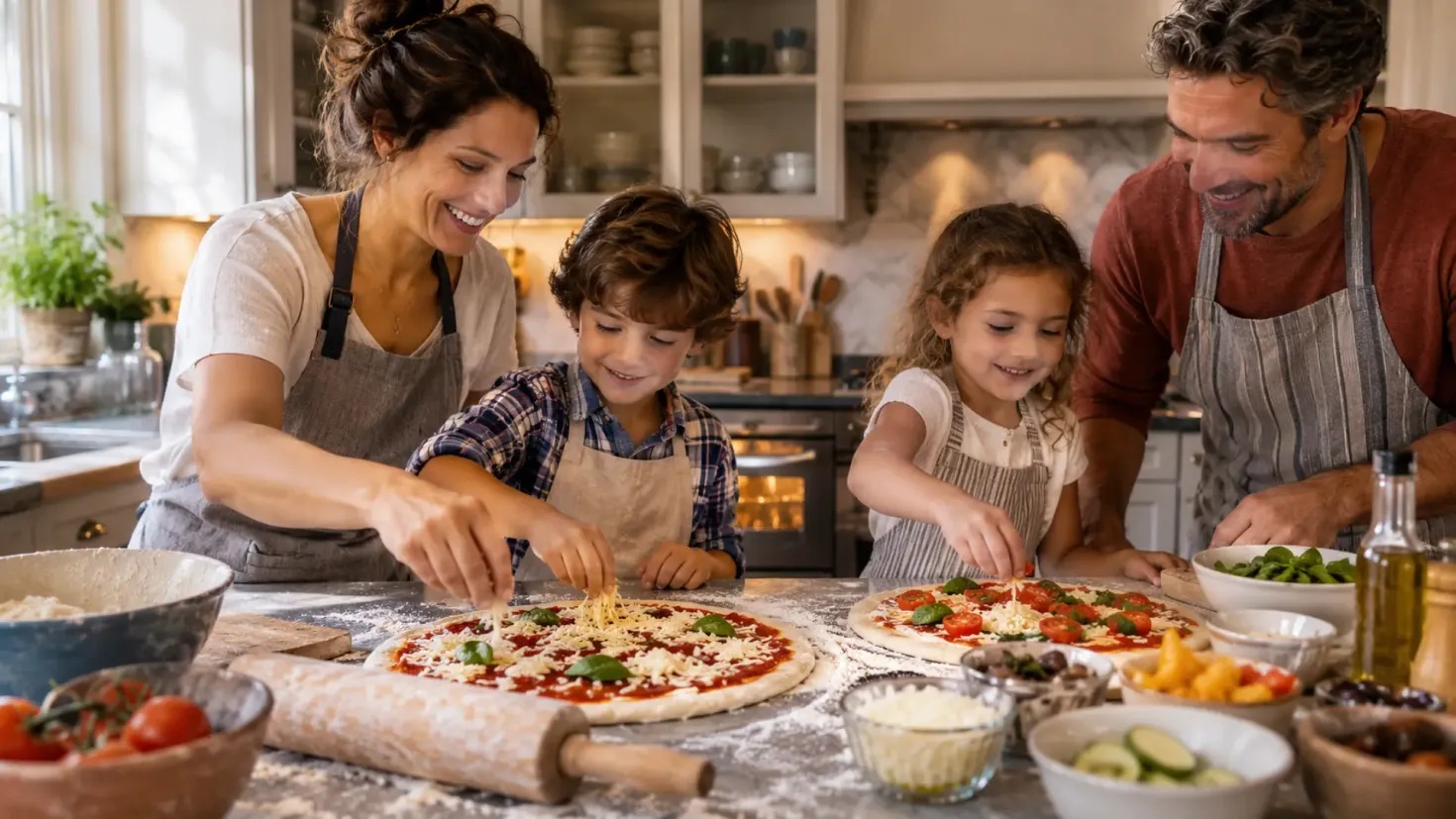 Family making homemade pizza together in a cozy kitchen.