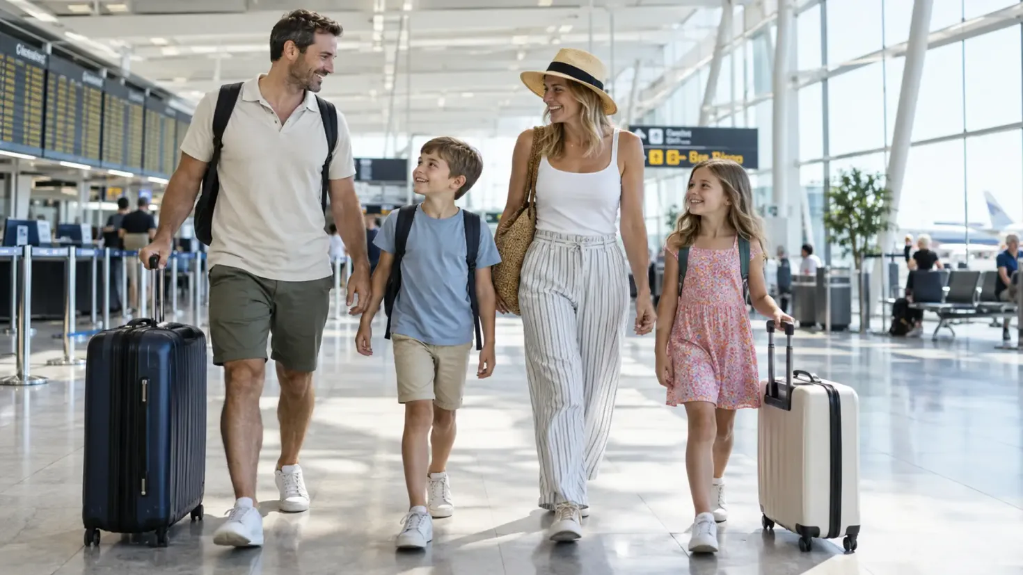 Family walking through an airport terminal with rolling luggage before a summer vacation.