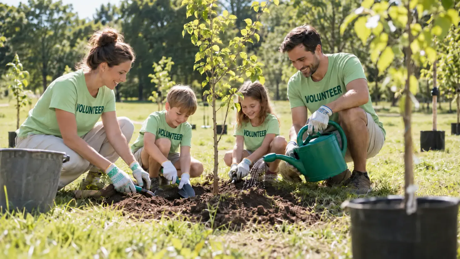 Family volunteers planting a young tree together in a sunny park during summer.
