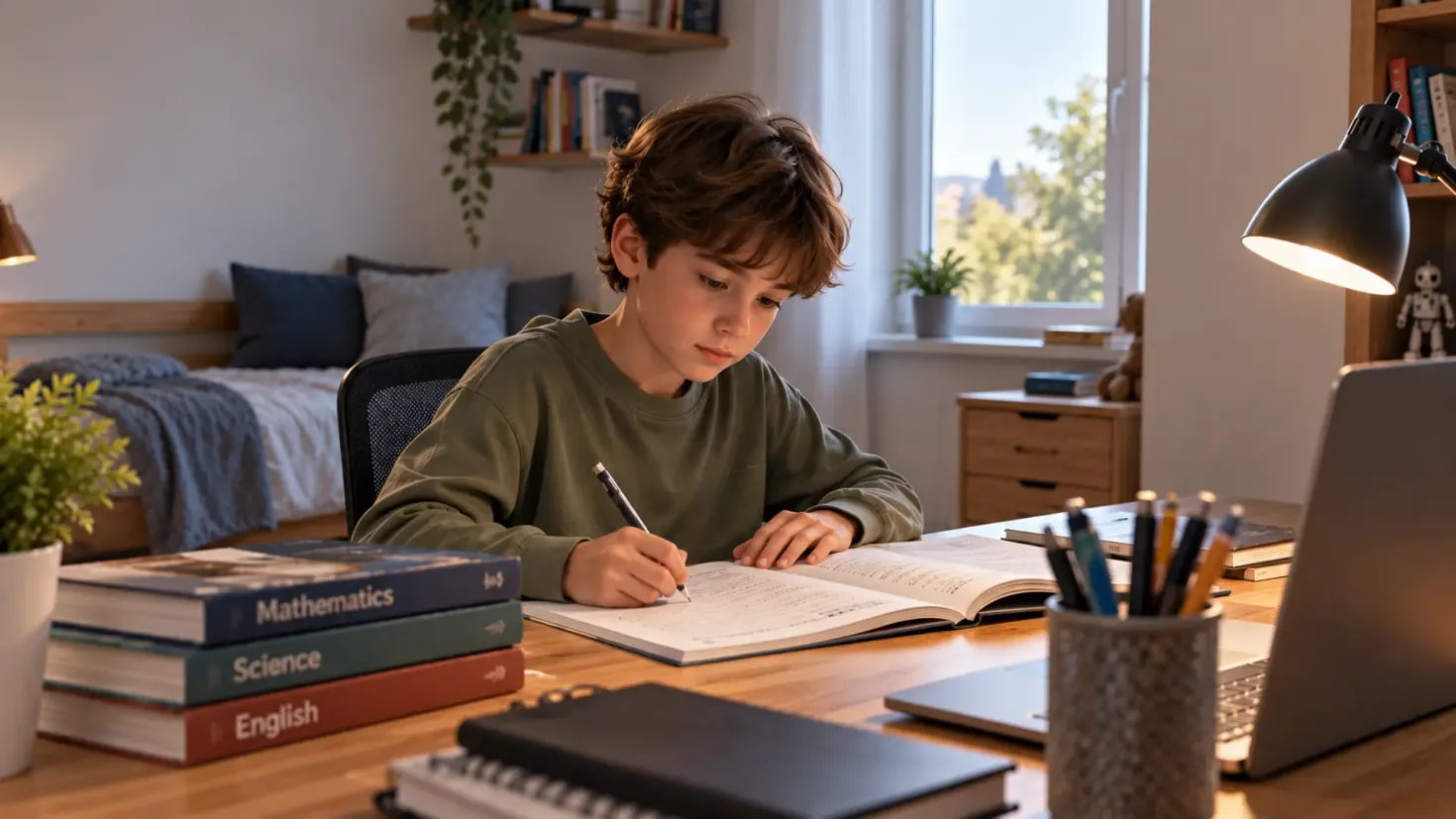 Boy doing homework independently at a desk in his bedroom.