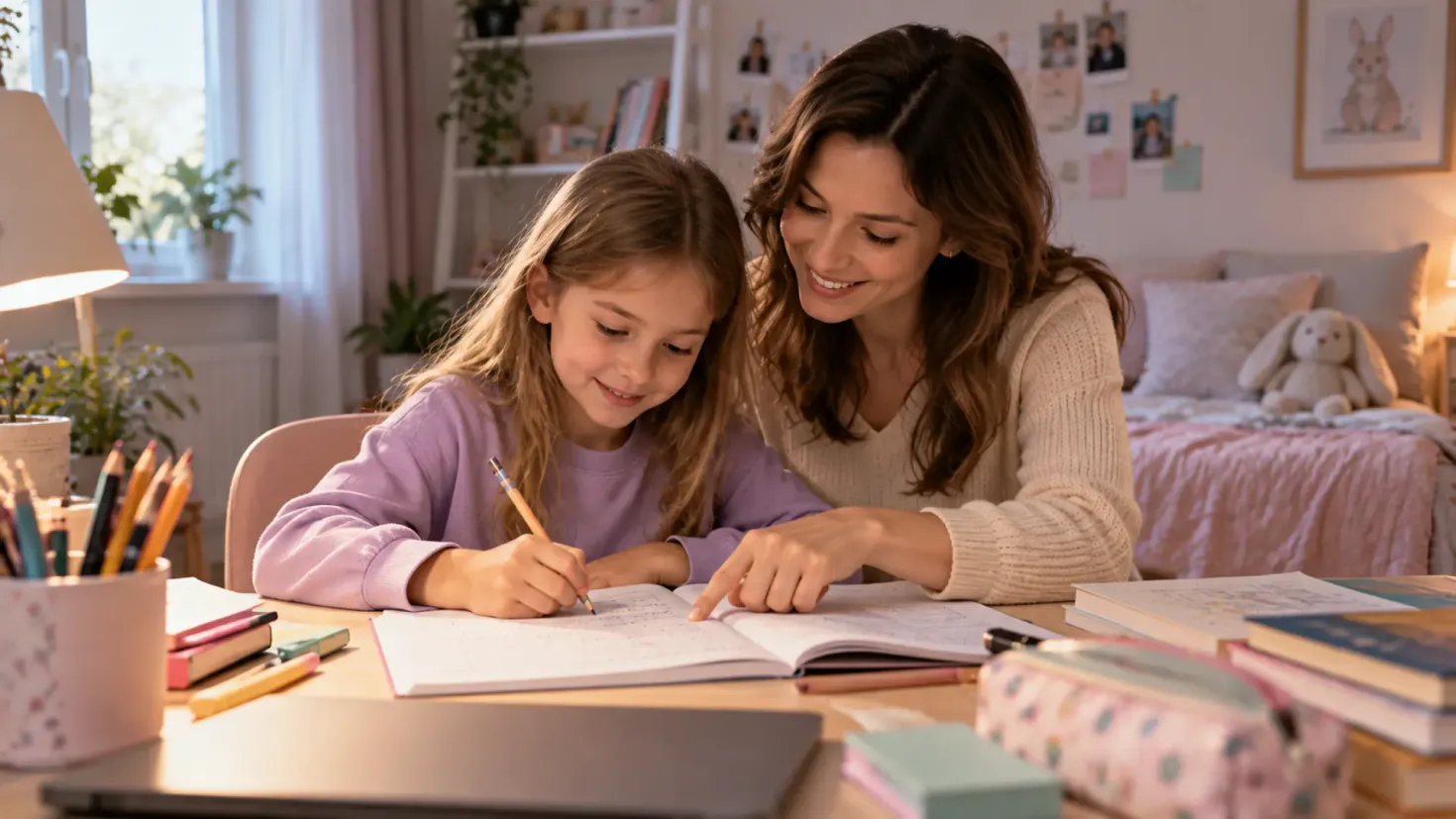 Mother helping her daughter with homework at a desk in the girl's bedroom.