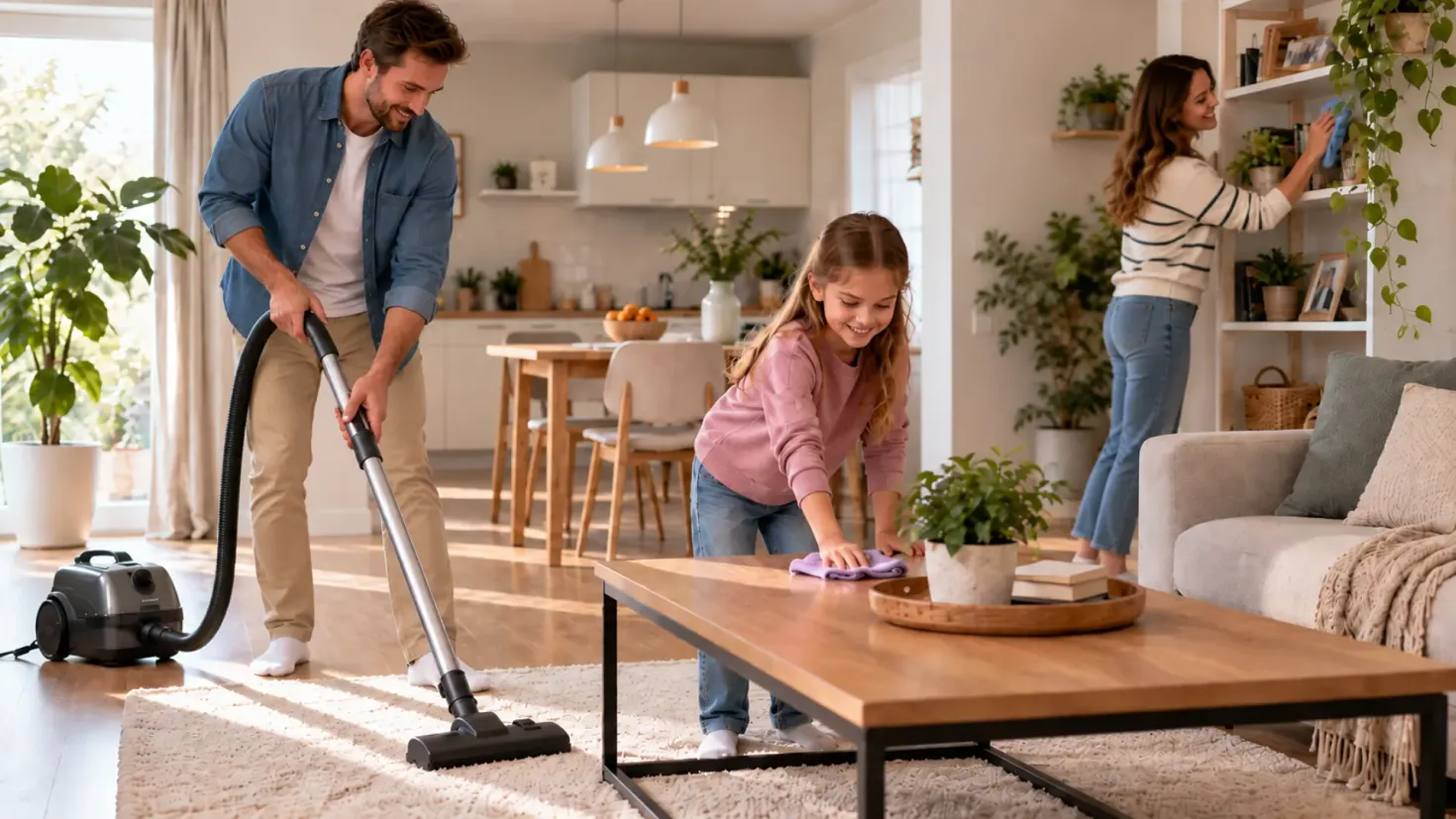 Family cleaning the house together, with a father vacuuming and a mother and daughter dusting.