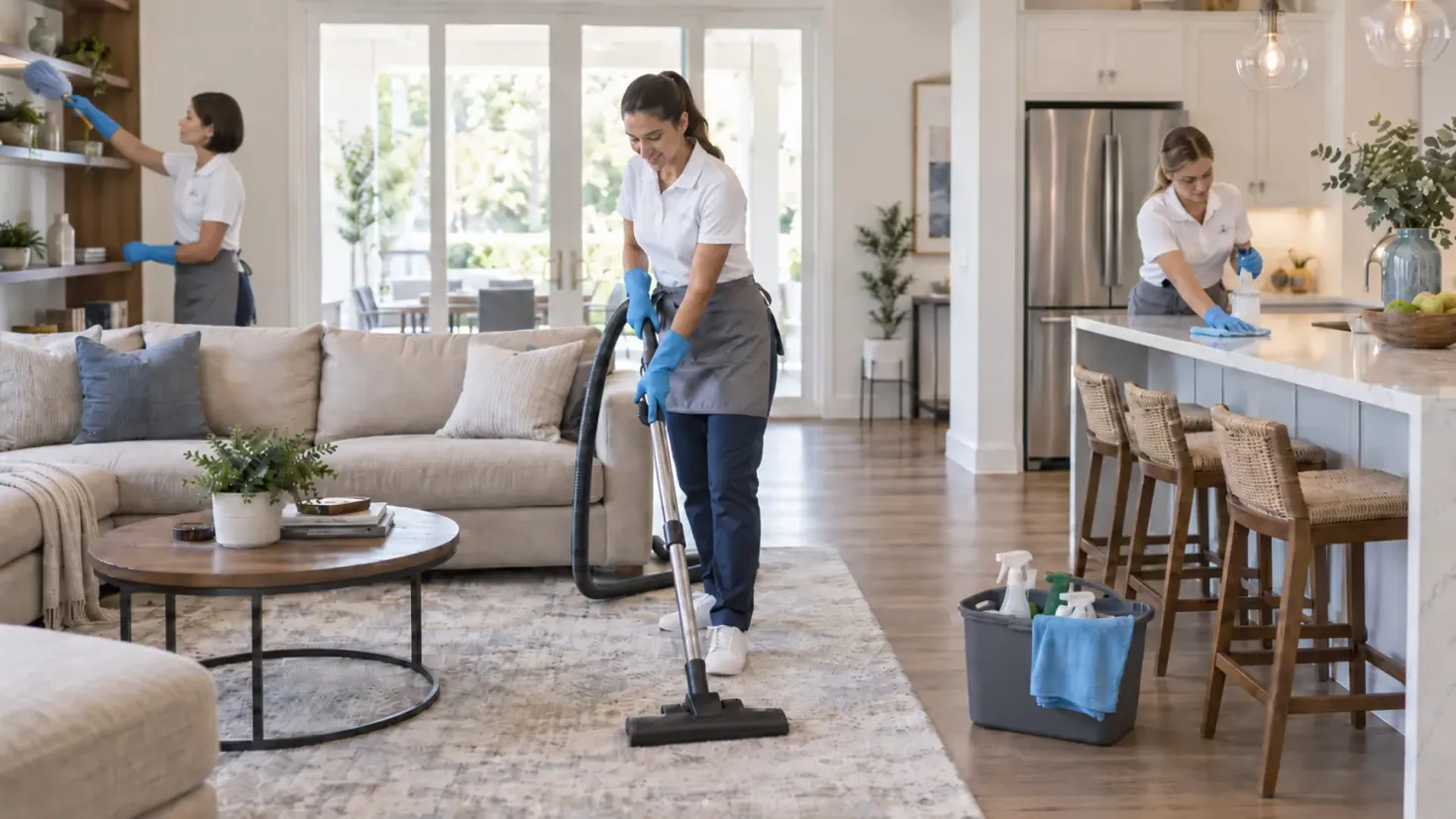 Professional cleaning service workers cleaning a modern home interior.