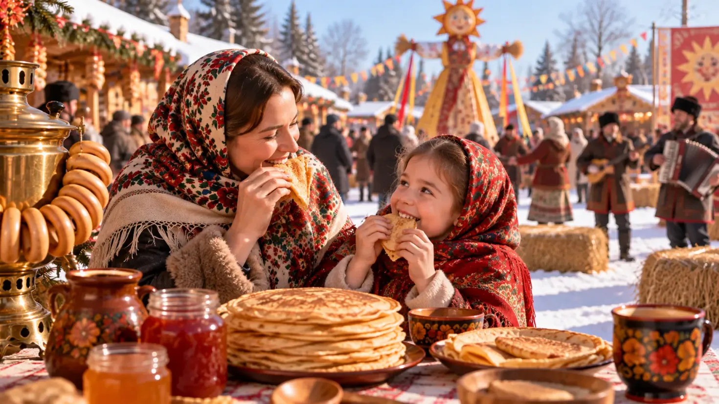 Family enjoying traditional pancakes at a colorful winter festival called Maslenitsa.