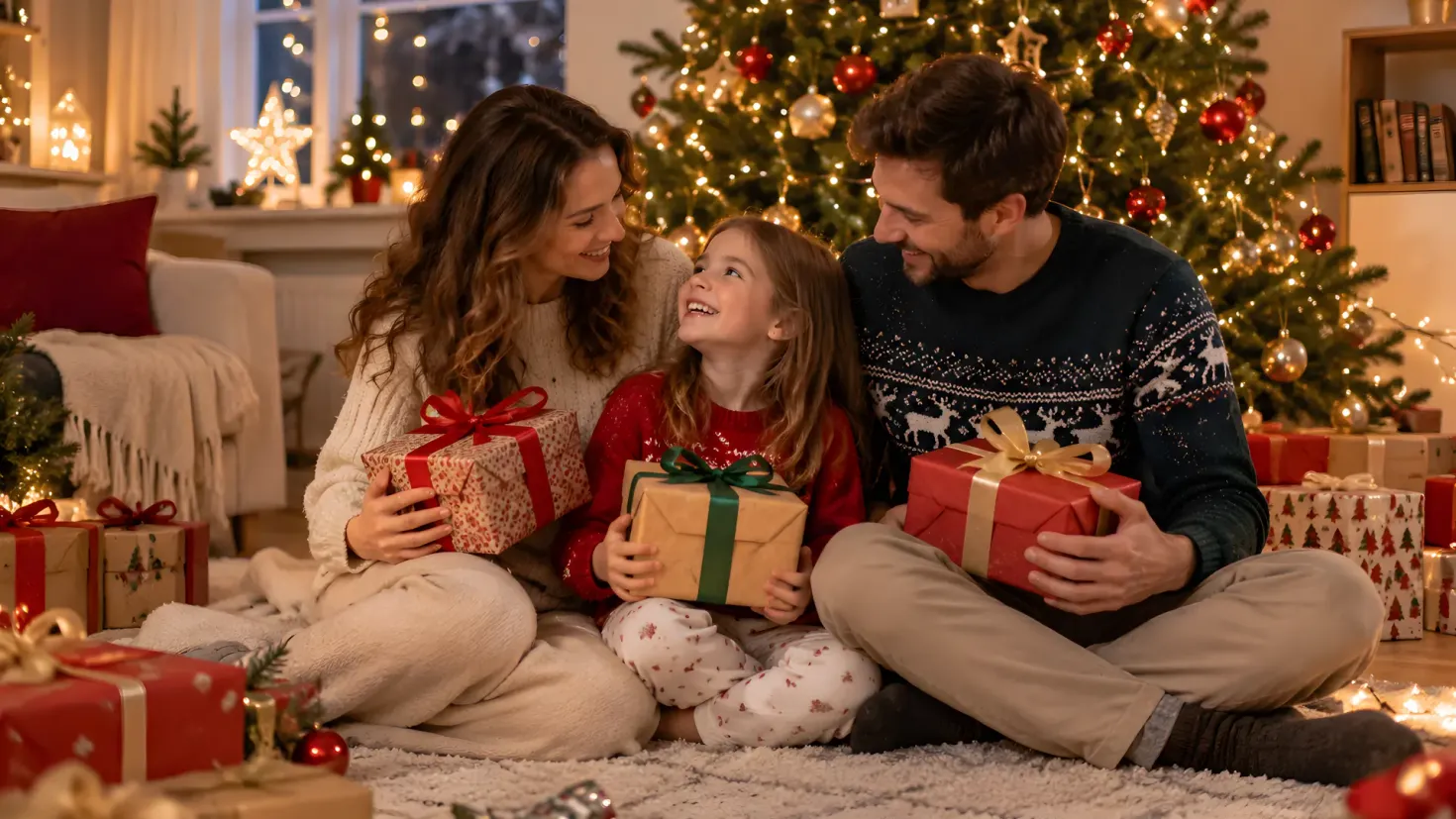 Family of three celebrating New Year together with gifts beside a decorated New Year tree.