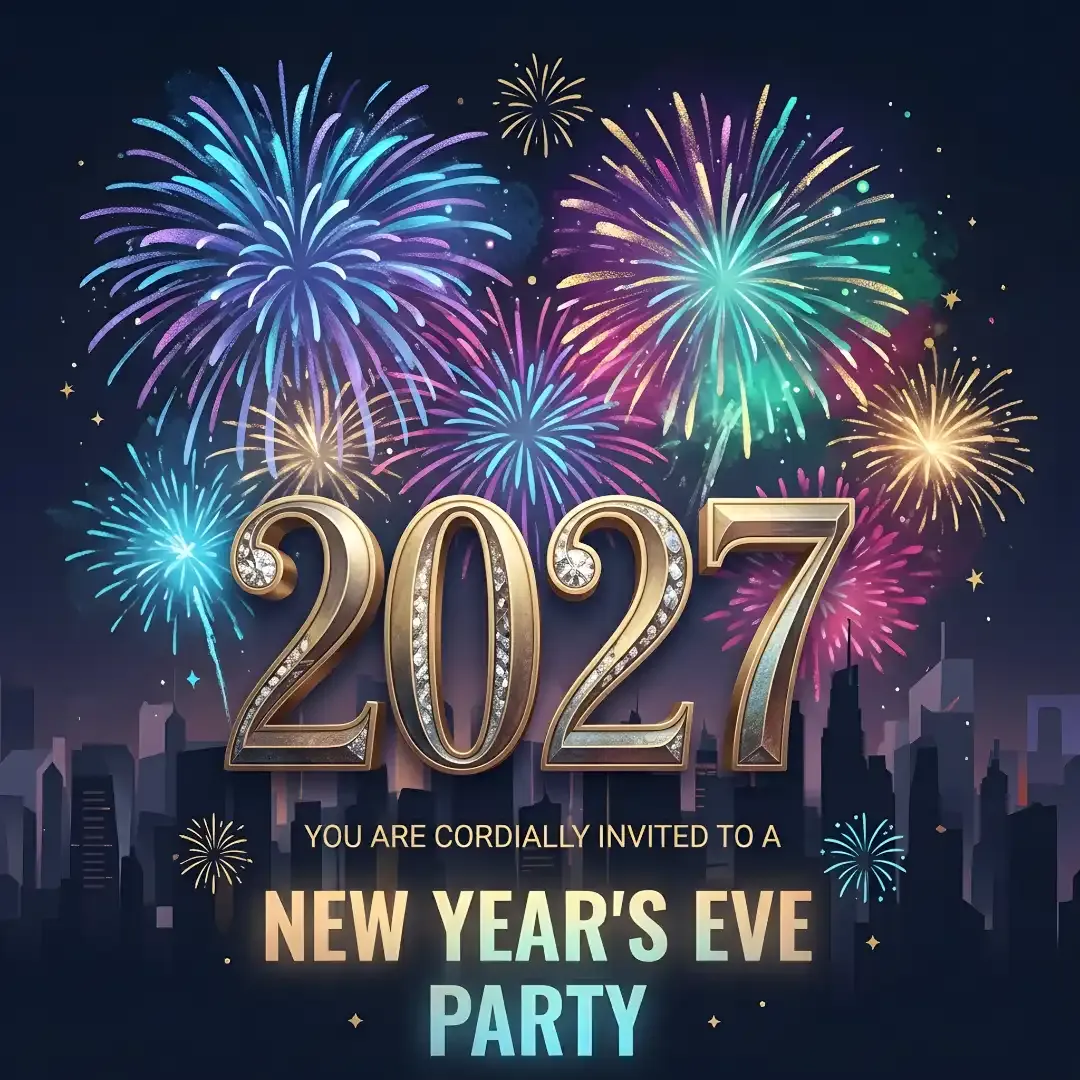 A poster with the text "2027 New Year's Eve Party" surrounded by buildings and fireworks in the background, creating a festive atmosphere.
