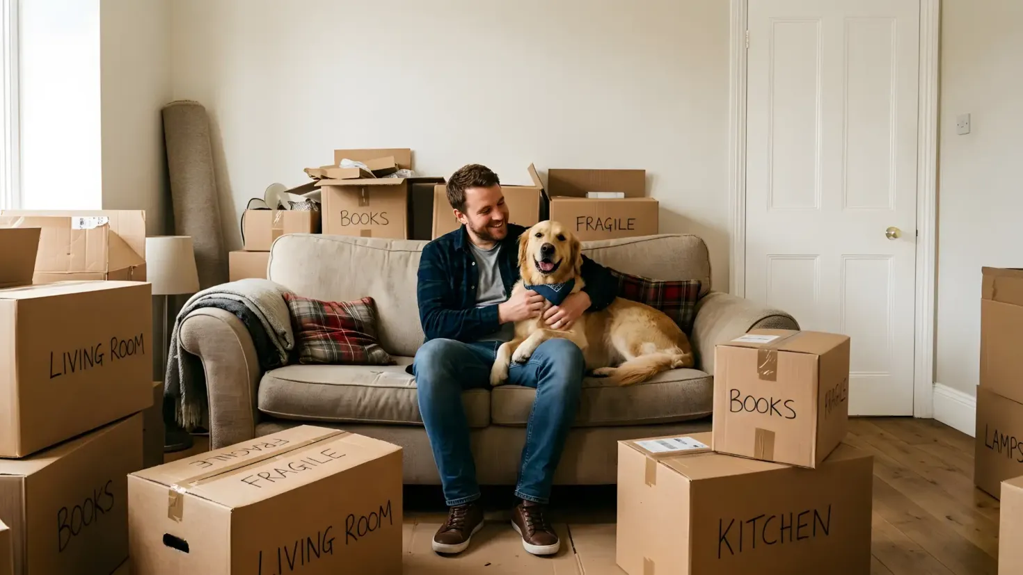 Happy man sitting on sofa with golden retriever in living room surrounded by moving boxes.