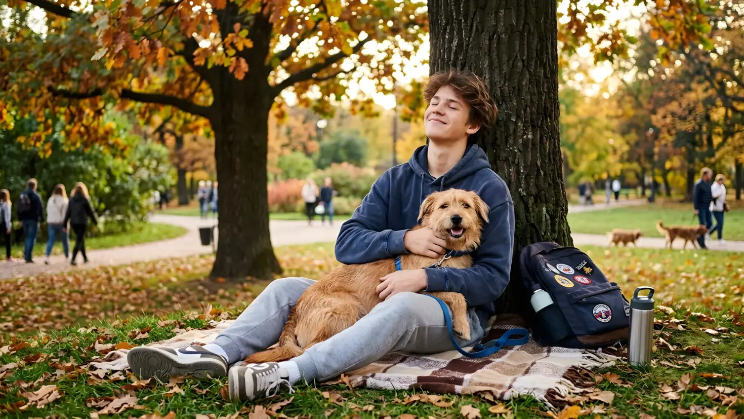 Teenager resting with his dog under a tree in an autumn park.